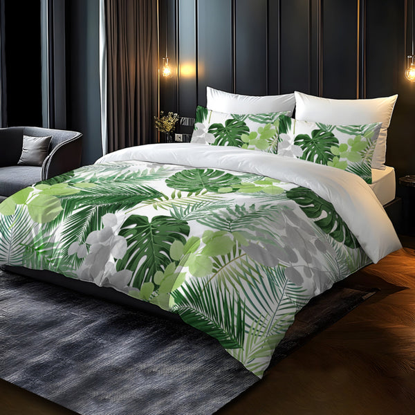 Monstera Green Bedding Set with Digital Printed Duvet Cover And Pillowcases