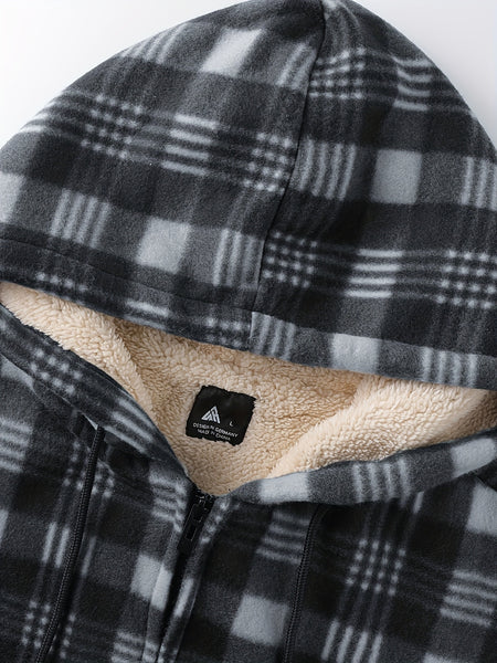Men's Heavyweight -Lined Hooded Jacket - Full-Zip Plaid Thickened Shirt with Pockets and Adjustable Drawstring, Comfortable and Warm for Autumn and Winter
