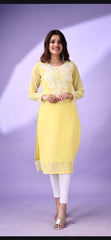 Estationeryhouse Women's Georgette Lucknowi chikankari kurti, Rose Design with Heavy Embroidery, Without Bottom