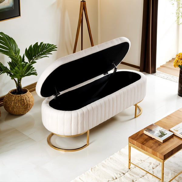 1pc Ottoman Storage Box Bench, Upholstered Teddy Fabric End of Bed Bench, Bedroom Bench Bed End Stool Footstools with Golden Metal Legs, For Bedroom, Living Room, Entryway