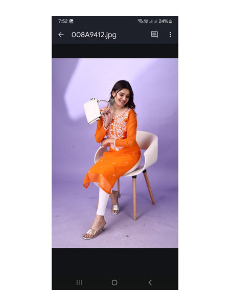 Estationeryhouse Women's Georgette Lucknowi chikankari kurti, Rose Design with Heavy Embroidery, Without Bottom
