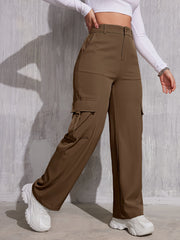 Flap Pocket Solid Color Cargo Pants, Y2K Slant Pocket Button Front Every Day Pants, Women's Clothing