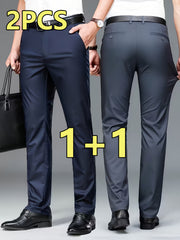 2pcs Men's Professional Business Dress Pants, Office Trousers with Stretch, Versatile Black Straight-Leg Casual Pants for Work