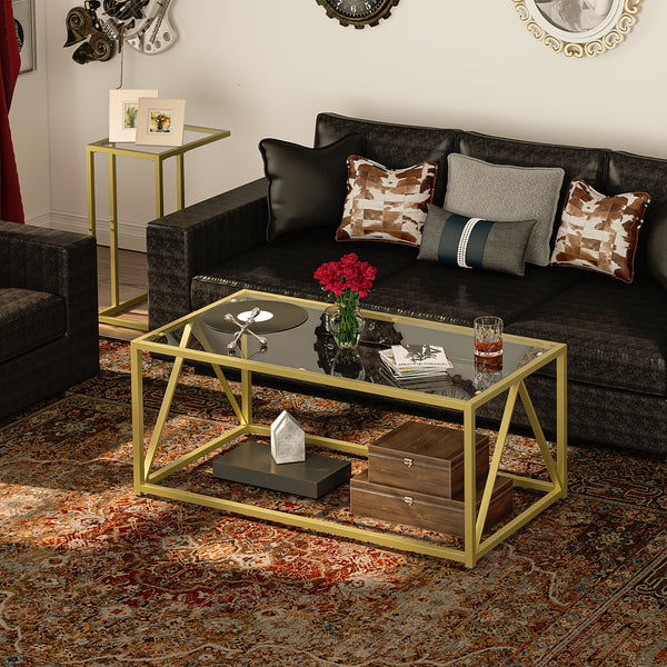 Modern Glass Coffee Table with Golden Frame - Minimalist Tempered Glass Top Center Table Suitable for Living Room, Easy Assembly, Sturdy Metal Frame & Glass, Sofa Side Tea Table