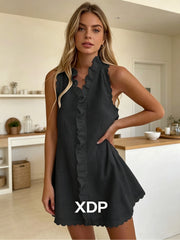 Women's Scalloped Edge Ruffle V-Neck Mini Dress, Casual Sleeveless Swing Dress for Daily