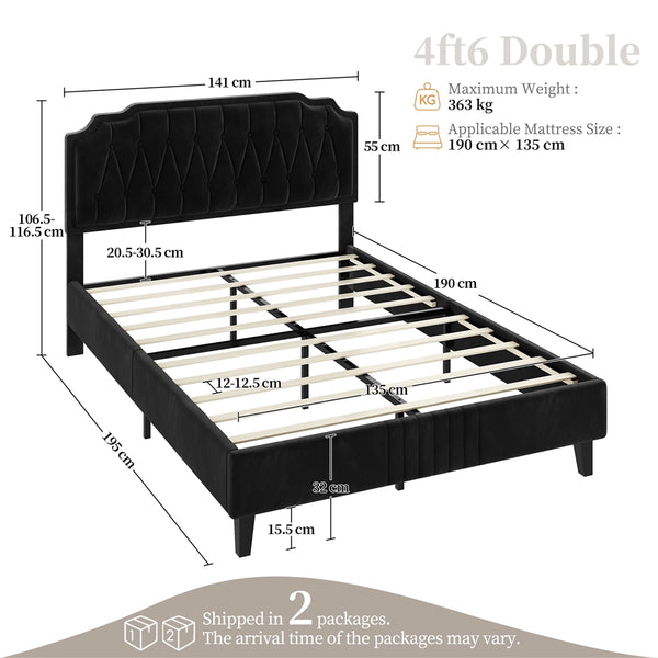 Costoffs Double/King Bed Frame Upholstered Platform Bed with Adjustable Button Tufted Headboard/Velvet Fabric/Mattress Foundation/Sturdy Wooden Slat Support, No Box Spring Needed, Black/Beige/Dark Grey/Light Grey