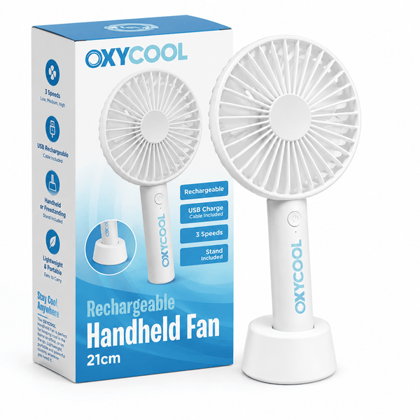 UK LOCAL SELLER - 3 Speed Rechargeable Portable Handheld Fan 21cm – USB Charging Mini Cooling Fan with Built-in Battery, Lightweight 165g, 2-in-1 Handheld & Desk Use with Stand for Home, Office, Travel & Outdoor Use | Sent and Fulfilled from UK Warehouse