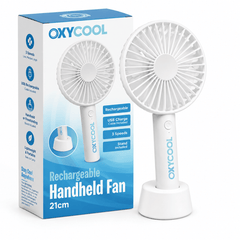 UK LOCAL SELLER - 3 Speed Rechargeable Portable Handheld Fan 21cm – USB Charging Mini Cooling Fan with Built-in Battery, Lightweight 165g, 2-in-1 Handheld & Desk Use with Stand for Home, Office, Travel & Outdoor Use | Sent and Fulfilled from UK Warehouse