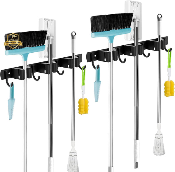 Broom and Mop Holder - Wall Mounted 5 Holders + 4 Hooks with Nails Installation, Stainless Steel, Self Adhesive, Heavy Duty Gripper