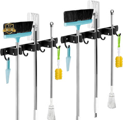 Broom and Mop Holder - Wall Mounted 5 Holders + 4 Hooks with Nails Installation, Stainless Steel, Self Adhesive, Heavy Duty Gripper