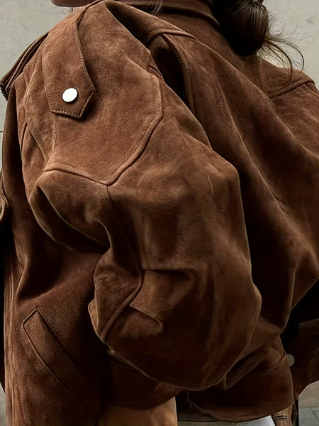 Women'S Elegant Brown Faux Jacket - Long Sleeve Zipper Front Coat with Button Closure, Structured Non-Stretch Fabric for Fall/Winter, Office, Party, Everyday Outfits - Women'S Outerwear Jacket, Ladies Jacket, Party Wear, Sophisticated Style