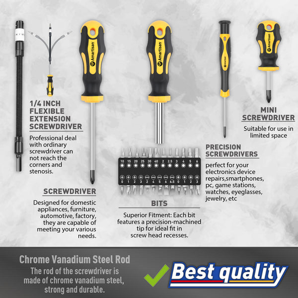 Amartisan 43pcs Magnetic Screwdriver Set with Case, Chrome Vanadium Steel, Includes Slotted, Phillips, Hex, Pozidriv, Torx & Precision Screwdrivers, Magnetizer/Demagnetizer, Flexible Shaft for Home Repair, DIY & Professional Use