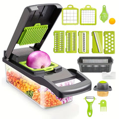 16-In-1 Vegetable Chopper - Multifunctional Manual Food Slicer, Kitchen Vegetable Slicer with Container, Onion, Carrot, Garlic, And Non-Rechargeable Plastic Kitchen Small Tool Set with Drainage Basket