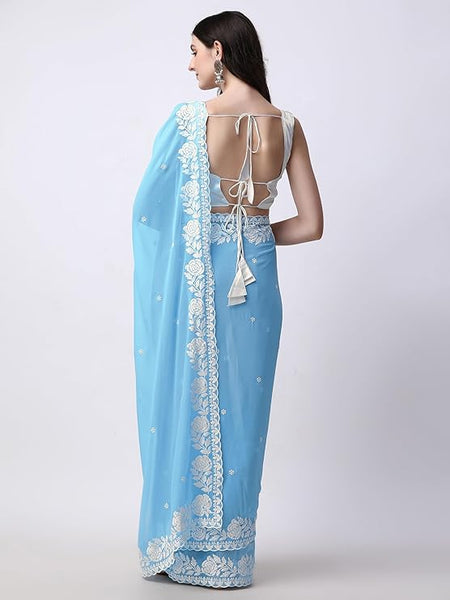 Estationeryhouse Women's Georgette Embroidery Border Work Designer Saree with Blouse Piece