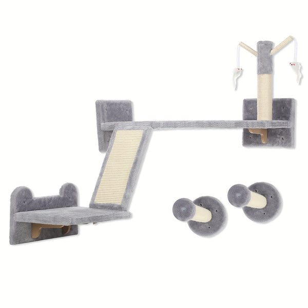 Pet Wall Furniture, 3pcs Cat Shelves with Scratching Posts, Scratching Pads, Perches, Cat Wands, Toy Balls, Corner Design Cat Wall Shelves for Indoor Cats, Kittens, Light Grey