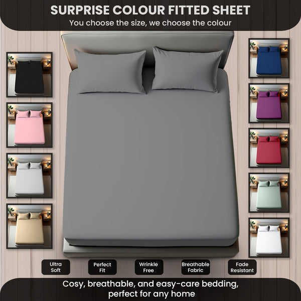 Surprise Colour Fitted Sheet OR Pillowcases | Ultra Soft Wrinkle Free Breathable Bed Sheet With Secure Fit Elasticated Corners | Fade Resistant & Easy Care | Random Colour Sent for Added Fun | LOCAL WAREHOUSE | UK BRAND