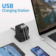 Cube Extension Lead with 3 USB Slots 13A 3250W Hulker 4 Gang Plug Extension Socket with Switch 4 Way Power Strip with 3 USB Port 1.5m Extension Cord Black for Home Dorm Office Travel