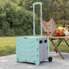 Grey/ Green Foldable Office Trolley, Portable Folding Shopping Trolley, Two-wheel Large-capacity Storage Box, Portable Pushable Shopping Cart Storage Box, Adjustable Railings