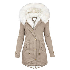 Women's European/American Style Winter Parka Jacket with Collar & Waist-Cinching  - Beige Coat, -Tone Zippers, Pockets - Machine Washable Cold Weather Outerwear (Casual to Formal)