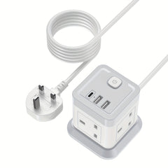 Extension Lead Cube with USB, BEVA 4 Way Power Strip with 3 USB Ports, Desktop Power Extension Socket with 1.5M Extension Cable Cords for Home Dorm Office Travel-WHITE