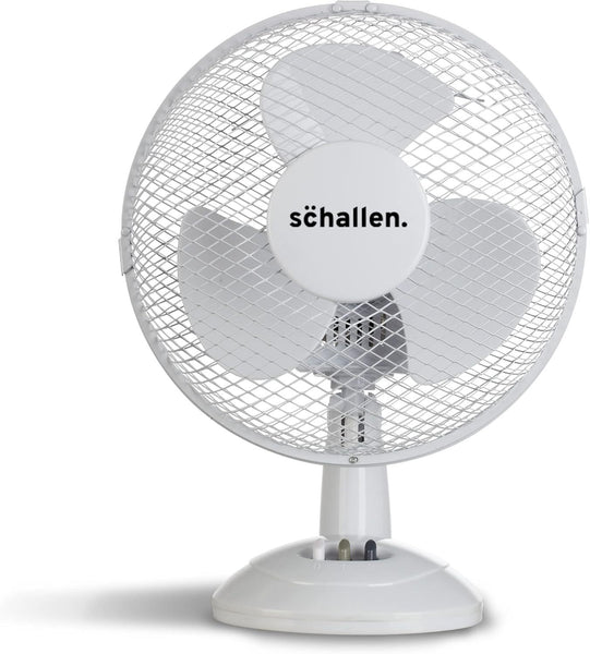 Schallen White 9 Inch Portable Desk Fan Oscillating Table Fan Quiet Electric Cooling Fan 2 Speed Settings Desktop Air Circulator Home Office Bedroom Workstation Garage Small Table Fan Plastic Blade Safety Mesh Grill UK Plug Grey White or Black