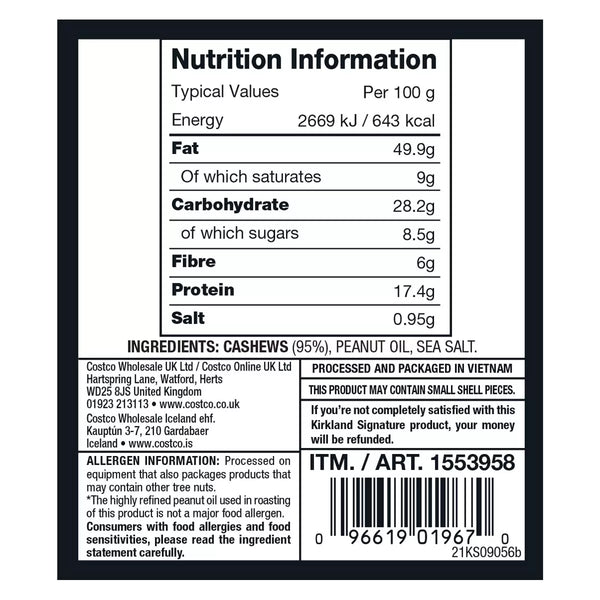 Kirkland Signature Salted Cashews Jar, 1.07Kg