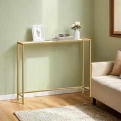 Modern Minimalist Console Table with Golden Frame & Tempered Glass Tabletop - Base Suitable for Living Room, Hallway Sofa Table, Assembly, Space-Saving, Transparent Table for Narrow Spaces, Entryway Furniture