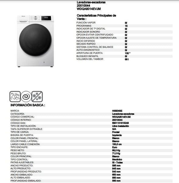 Hisense WDQA8014EVJM 60Cm Freestanding 8 KG Front Load Washer Dryer - 1400 RPM - Pure Steam - Purejet - Pause and Add - Inverter Motor - White