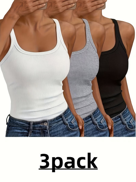 3pcs Women's Elegant Ribbed Tank Tops - Sleeveless Round Neck Stretch Blouses, Solid Color Opaque Tops Suitable for Daily Wear & Formal Occasions, Comfortable Elastic Fit, No Padding, Hand Washable Layering