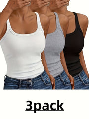 3pcs Women's Elegant Ribbed Tank Tops - Sleeveless Round Neck Stretch Blouses, Solid Color Opaque Tops Suitable for Daily Wear & Formal Occasions, Comfortable Elastic Fit, No Padding, Hand Washable Layering