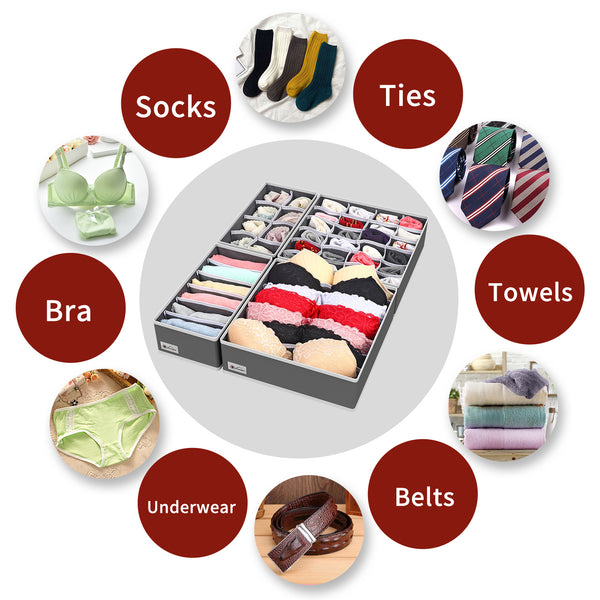 Vinsani Drawer Organiser Set of 4 Wardrobe Storage Dividers for Closet Undies Underwear Bra Socks Clothes Dresser Foldable Partitioned Cell Bedroom Storage Box