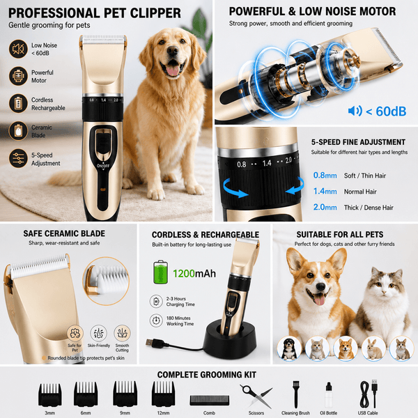 5 Speed Low Noise Dog Hair Clippers Cordless Rechargeable Pet Grooming Kit