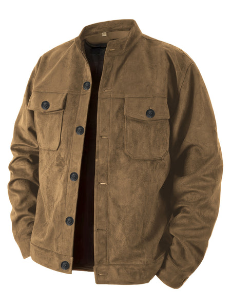 Men'S Casual Velvet Jacket with Pockets, Casual Long Sleeve Stand Collar Button-Up Coat