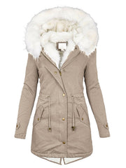 Women's European/American Style Winter Parka Jacket with Collar & Waist-Cinching  - Beige Coat, -Tone Zippers, Pockets - Machine Washable Cold Weather Outerwear (Casual to Formal)