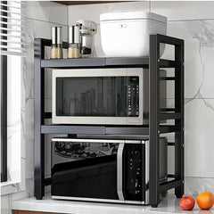 2/3 Layer Expandable Kitchen Microwave Stand with 6 Hooks, Designed for Efficient Utensil Organization, Adjustable Width Fits Most Microwaves, Promoting Orderliness And Ease In The Kitchen Festival Gifts