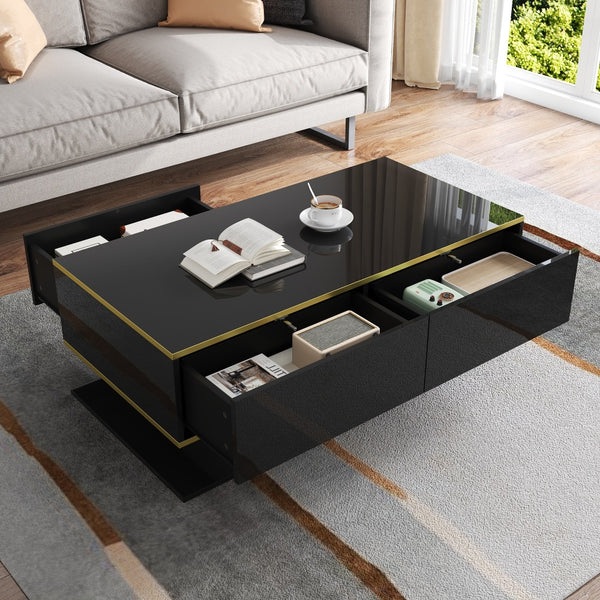 Modern LED coffee table, 100cm high gloss white coffee table, with 3 drawers and RGB light strips, adjustable color/brightness, gold edge, PB board material, suitable for living room, bedroom, lounge, studio - with a load-bearing capacity of 50kg and spac