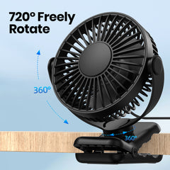 TOPK USB Clip-On Fan, 3-Speed Adjustable Airflow, 720° Flexible Rotation, Low Noise Operation, Portable Clamp Fan for Home, Office, Library, Blue
