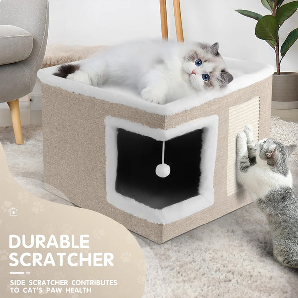 1pc Large Cat Cube House Cosy Foldable Bed Pet Cave Furry Soft Cushions Scratch Pads 42X42X36CM