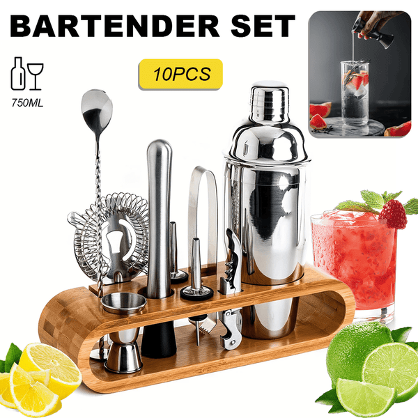 Mixology Bartender Kit - 10-Piece Bar Tool Set with Wooden Stand | Perfect Home Bartending Kit and Martini Cocktail Shaker Set for Housewarming Gift,Home Bar, Party Bar, Bar Cart Decor