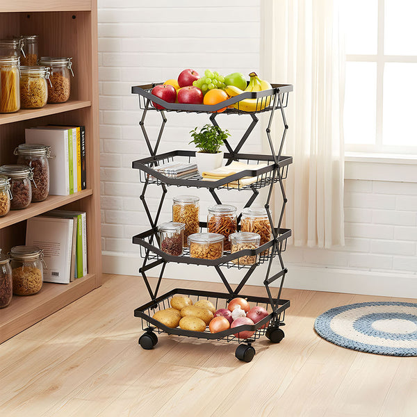 Foldable Kitchen Organizer Cart with 360° Rotating & Multi-Tier Shelves, Large Capacity Metal Vegetable Cart & Organiser - Portable, Space-Saving Storage for Pantry, Utility Room & Kitchen