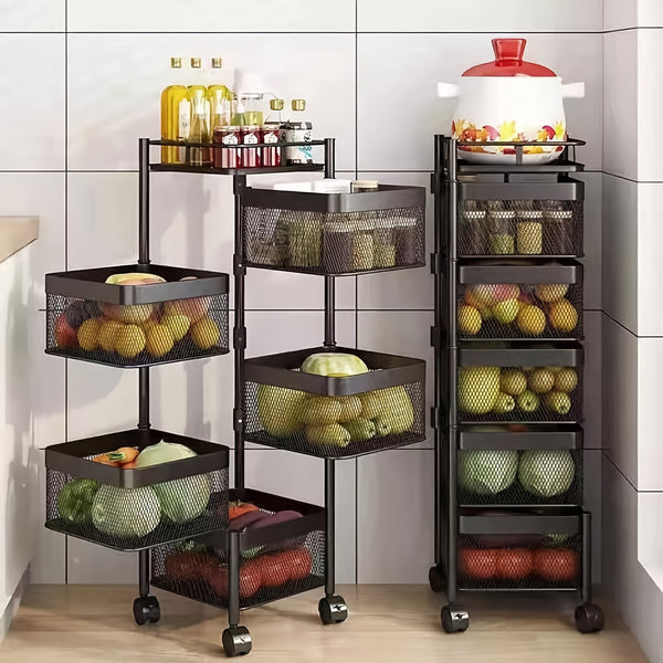 6 Tier Kitchen Rotating Storage Trolley Cart Utility Vegetable Mobile Shelf Rack