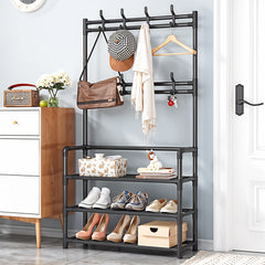 Coat and Hat Stand 8 Hooks Metal Shoe Rack 3 Tiers Shelf Hanger, Multifunctional Hallway Organizer Clothes Umbrella Bag Hanger, Easy Assembly, Black Versatile Clothes Drying Rack For Living Room Balcony