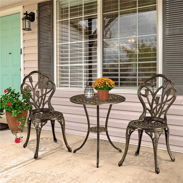 Costoffs 3pcs Patio Bistro Table Set with Umbrella Hole Outdoor Furniture Antique Aluminium Chair Rose Vine Dining Set for Garden Backyard Porch Balcony Lawn Pool