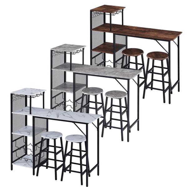 3pcs Bar Table and Stools Set, Kitchen Breakfast Bar Table and Chairs Set 2 with Cup Holder and Wine Rack, Bar Table Sets Furniture for Kitchen, Dining Room, Pub, Cafe