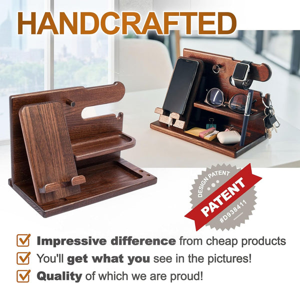 Gifts for Men Wood Phone Docking Station Desk Organizer Fathers Gifts Gifts for Him Xmas Gift Anniversary Birthday Presents Nightstand Key Wallet Stand for Men, Boyfriend, Dad (Brown)