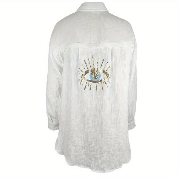 2025 Spring and Summer New Ladies Casual V-neck Pocket Splicing Sequins Loose Long-sleeved Women's Shirt, Lapel Cardigan Design.
