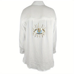 2025 Spring and Summer New Ladies Casual V-neck Pocket Splicing Sequins Loose Long-sleeved Women's Shirt, Lapel Cardigan Design.