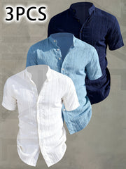 [Pearson OBM] 3pcs Men'S Summer Short Sleeve Shirt - Lightweight Breathable Solid Color Button-Up Casual Shirt with Stand Collar, Machine Washable for Beach Vacation, Pool Party And Casual Attire, Beach Shirt, Perfect for Gifting