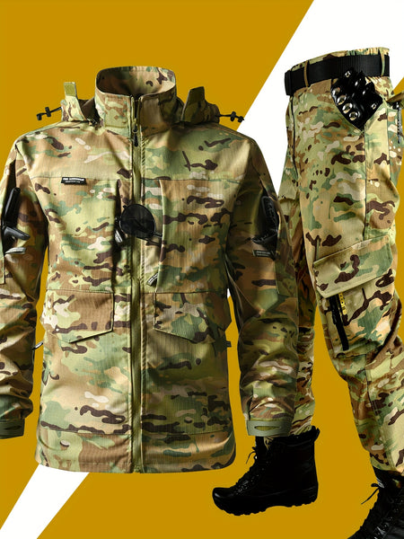 Men'S Outdoor Camouflage Jacket And Pants Set. Long Trousers, Cargo Pants for Men, Suitable for Spring And Autumn. Features Multiple Pockets, Zipper, And Mesh Fabric. Ideal for Fishing And Hiking