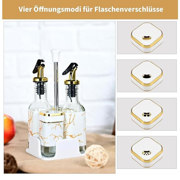 Set of 2 square spice jars with white screw caps + set of 2 glass olive oil bottles with bases - salt and pepper shaker set - vinegar and oil set - spice shaker set - spice jars - glass spice organizer
